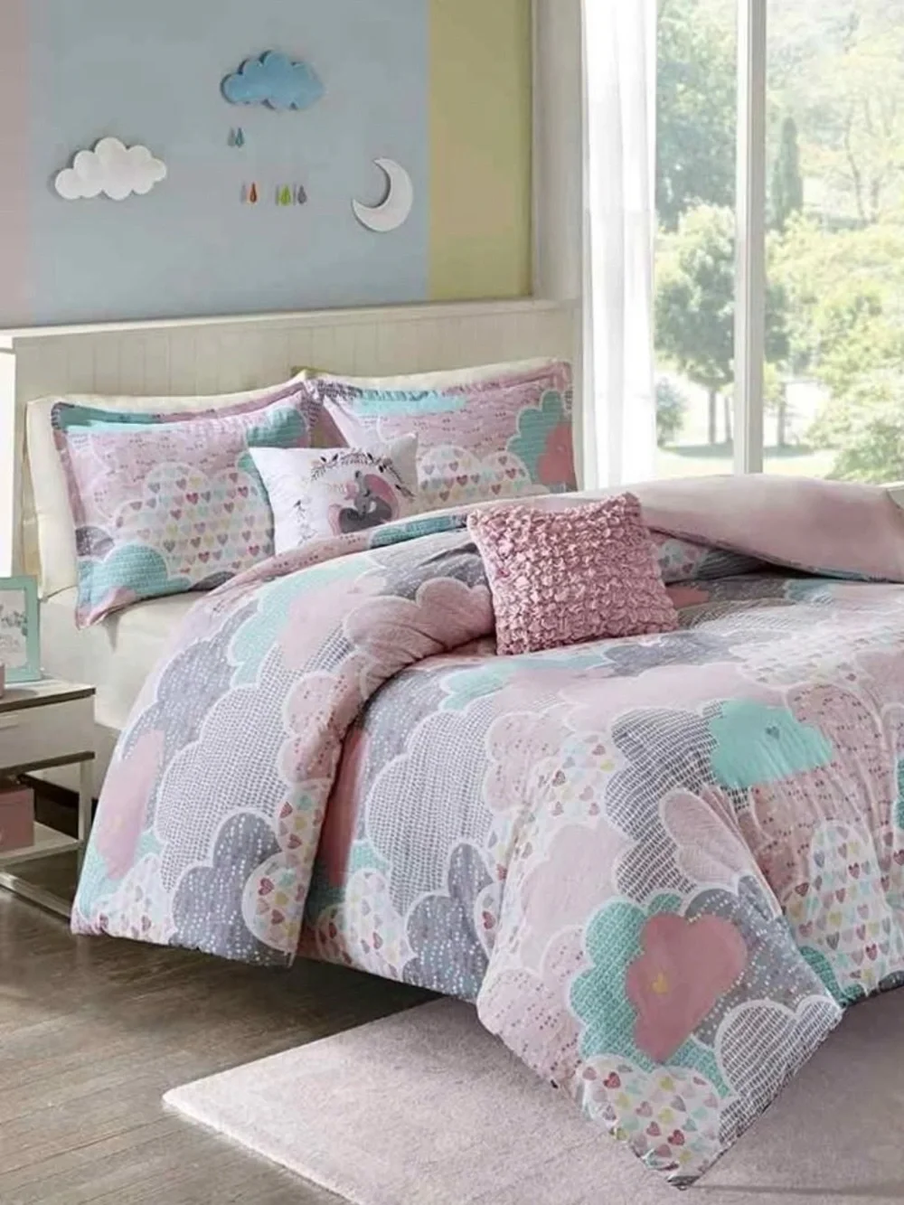 Pastel Cloud Print Duvet Cover Set - Pink & Aqua